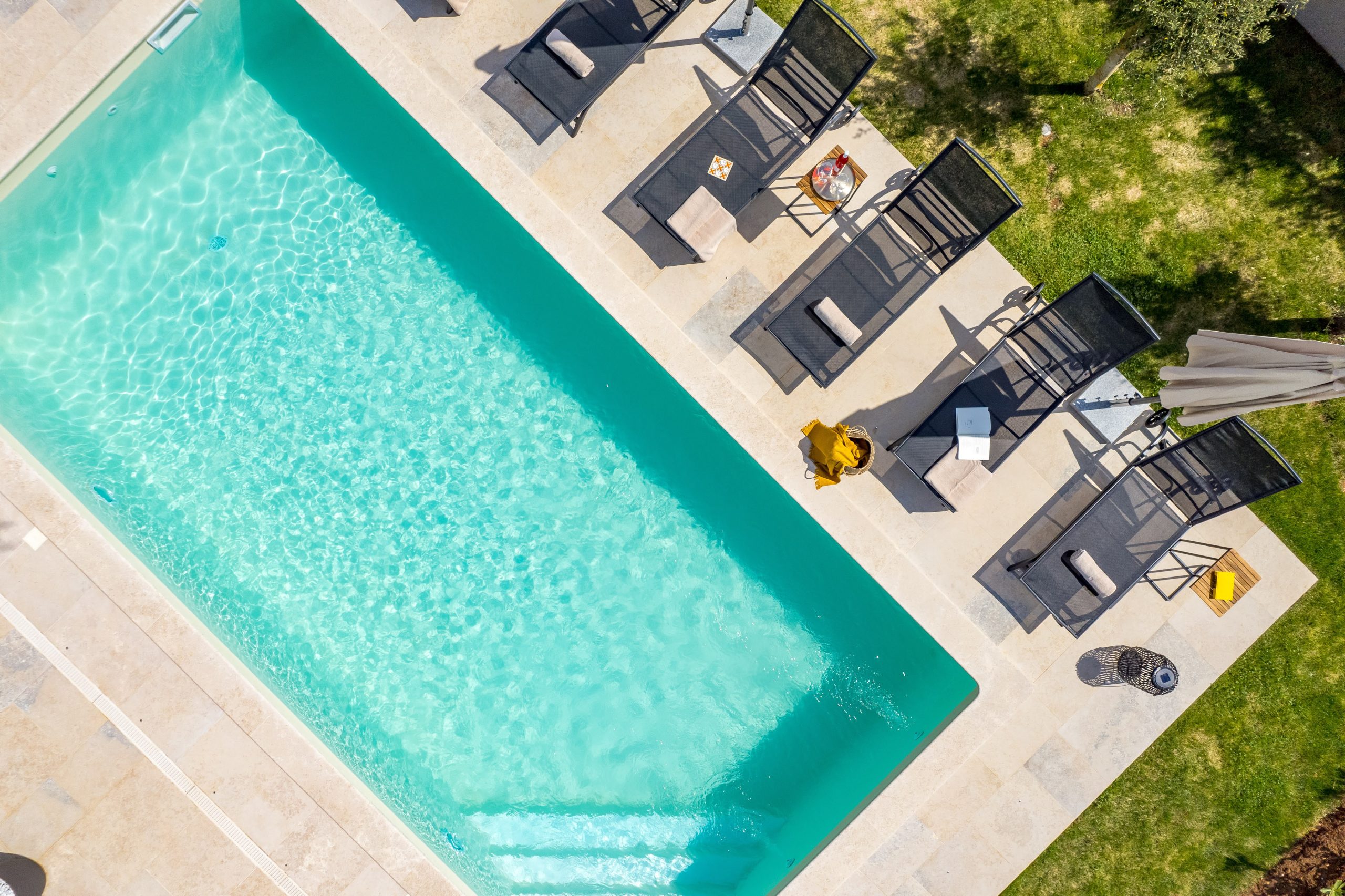Aerial diagonal view of the pool and garden
