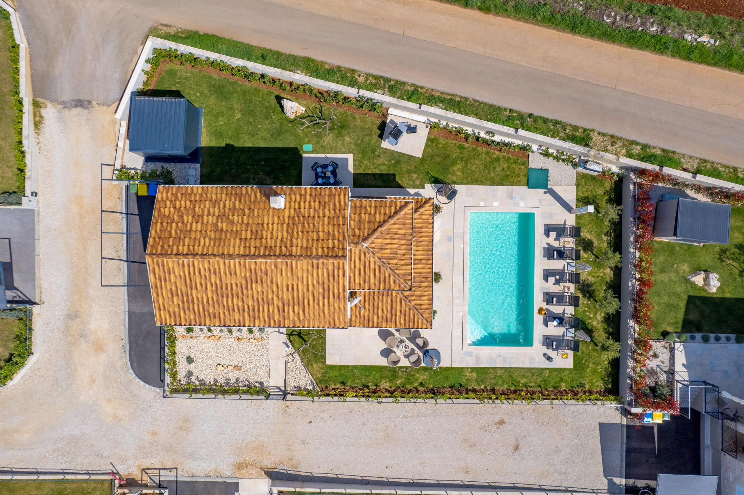 Aerial top-down view of the whole villa property